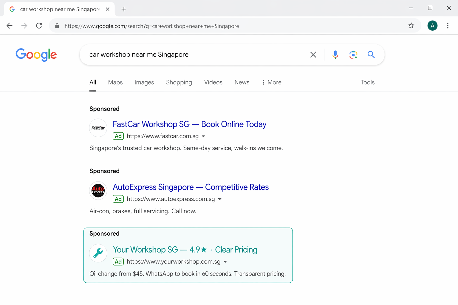 Google search results for car workshop near me Singapore, Your Workshop shown in top sponsored position